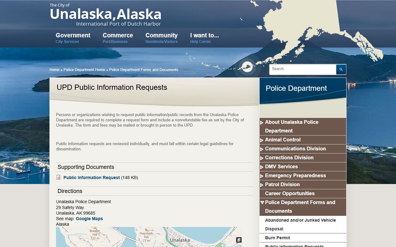 Unalaska UPD public information request page for jail mugshots