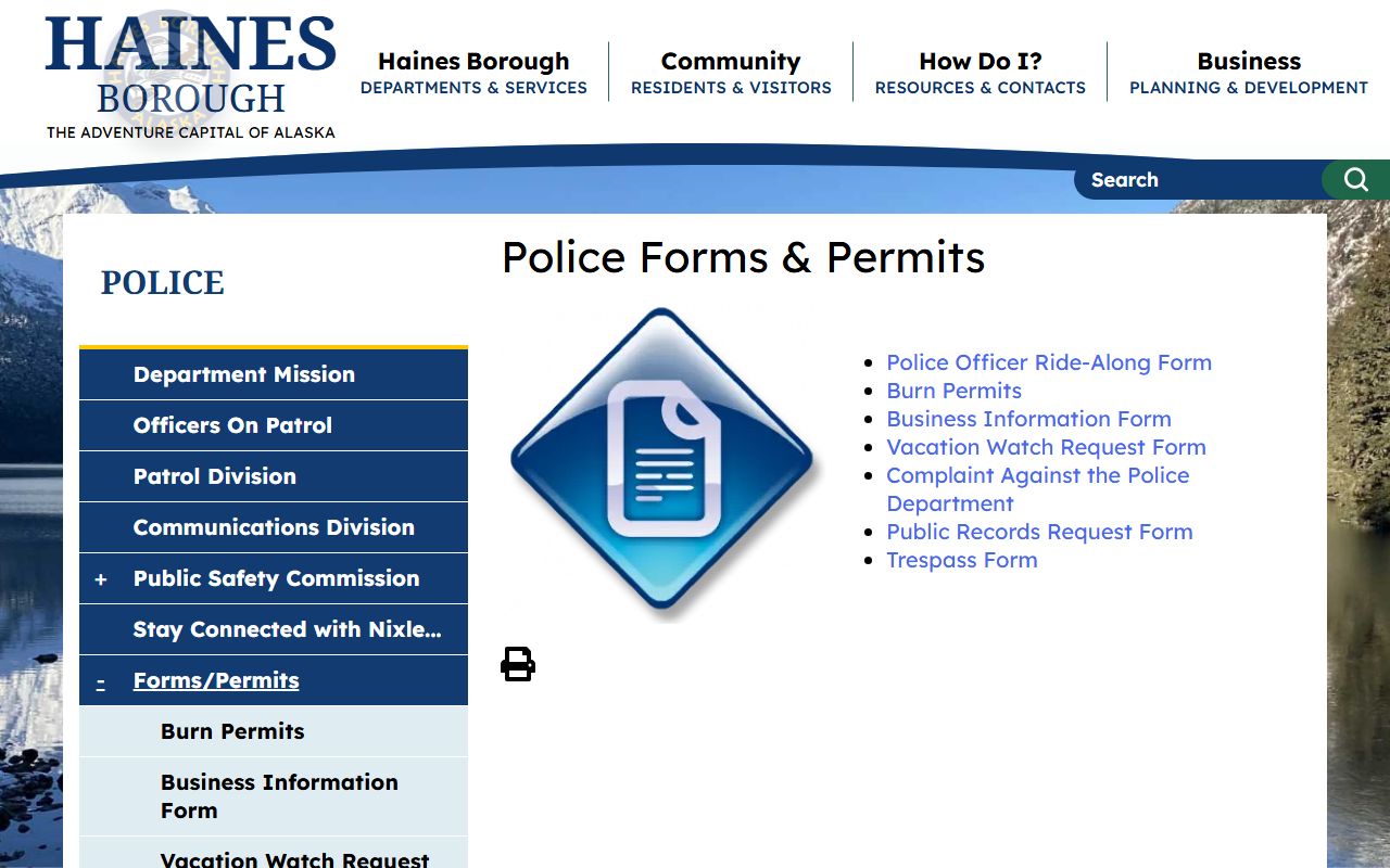 Haines Borough police forms and permits for jail mugshots requests