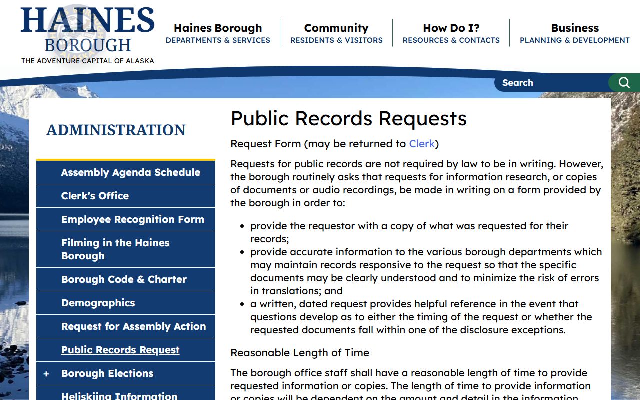 Haines Borough public records page for jail mugshots