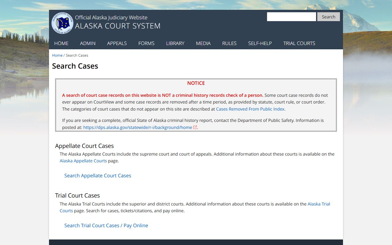 Alaska Court System search page for Juneau jail mugshots cases