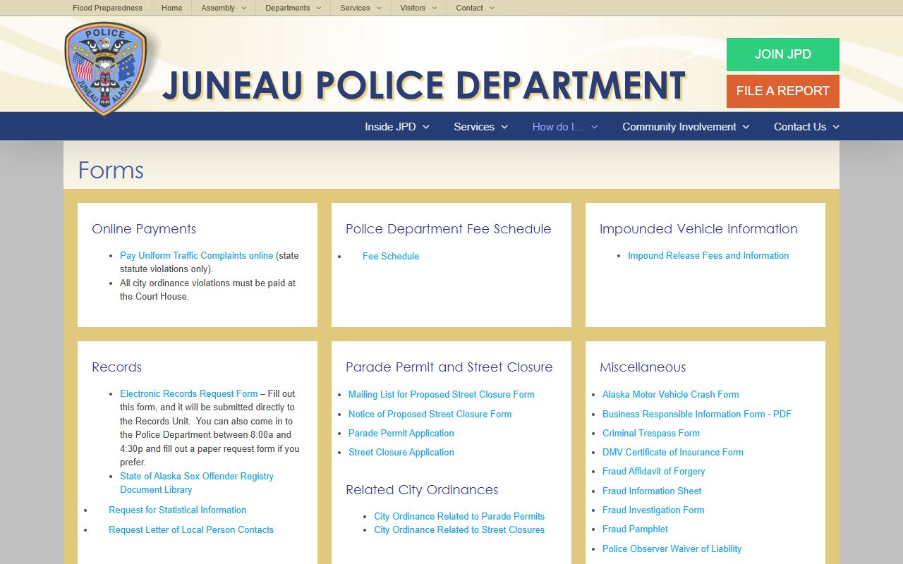 Juneau Police forms page for jail mugshots requests