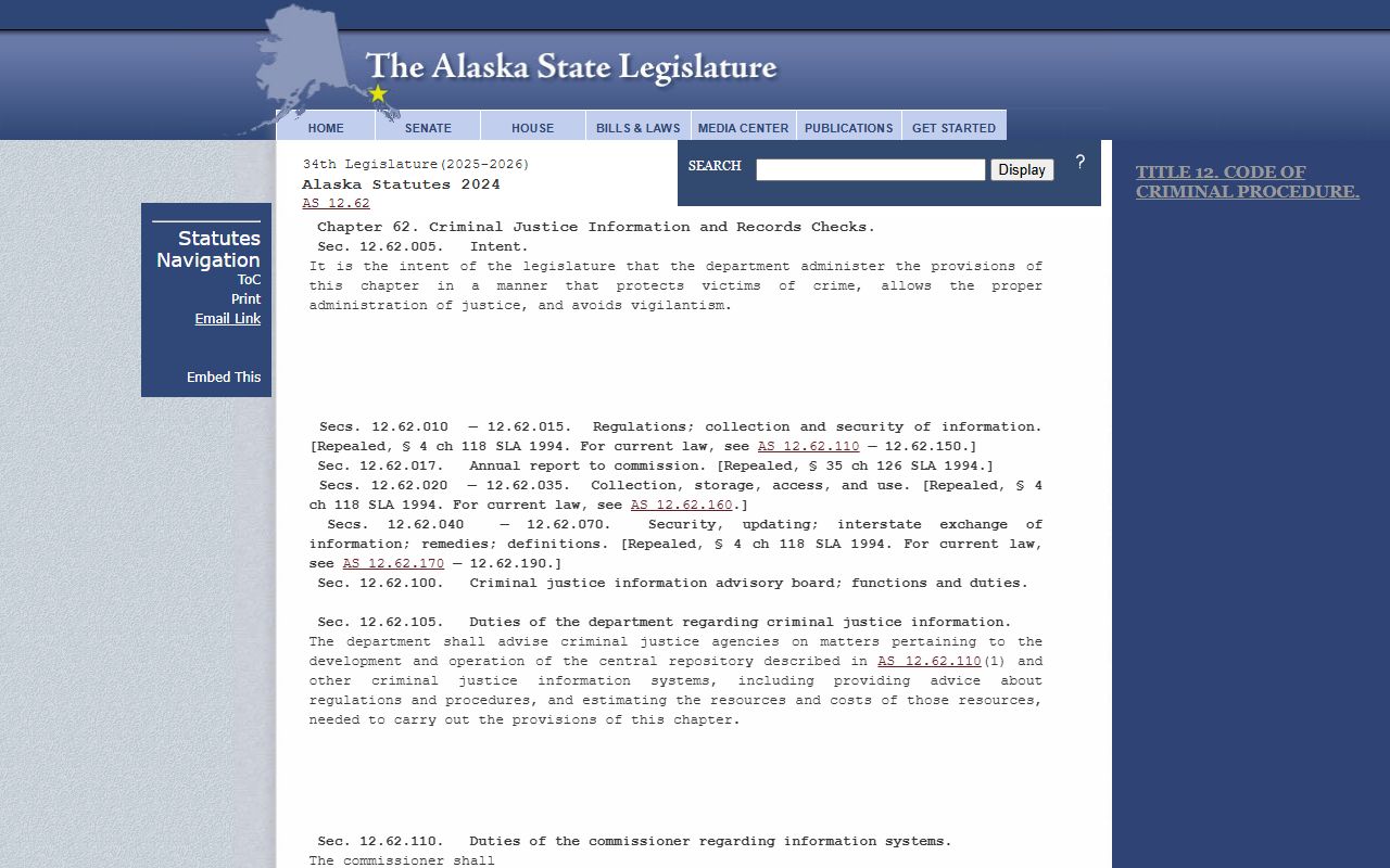 Alaska Statutes 12.62 for jail mugshots and criminal justice information