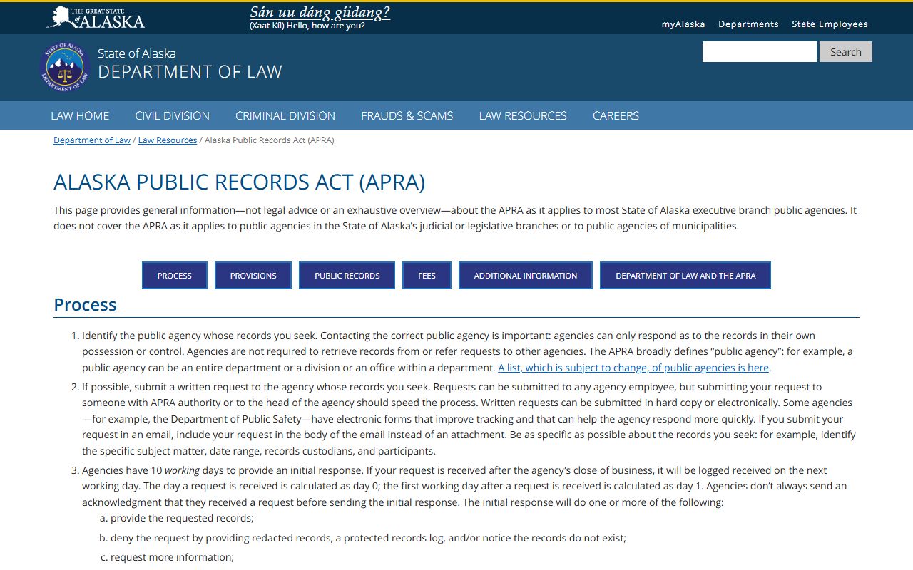 Alaska APRA information page for jail mugshots public records
