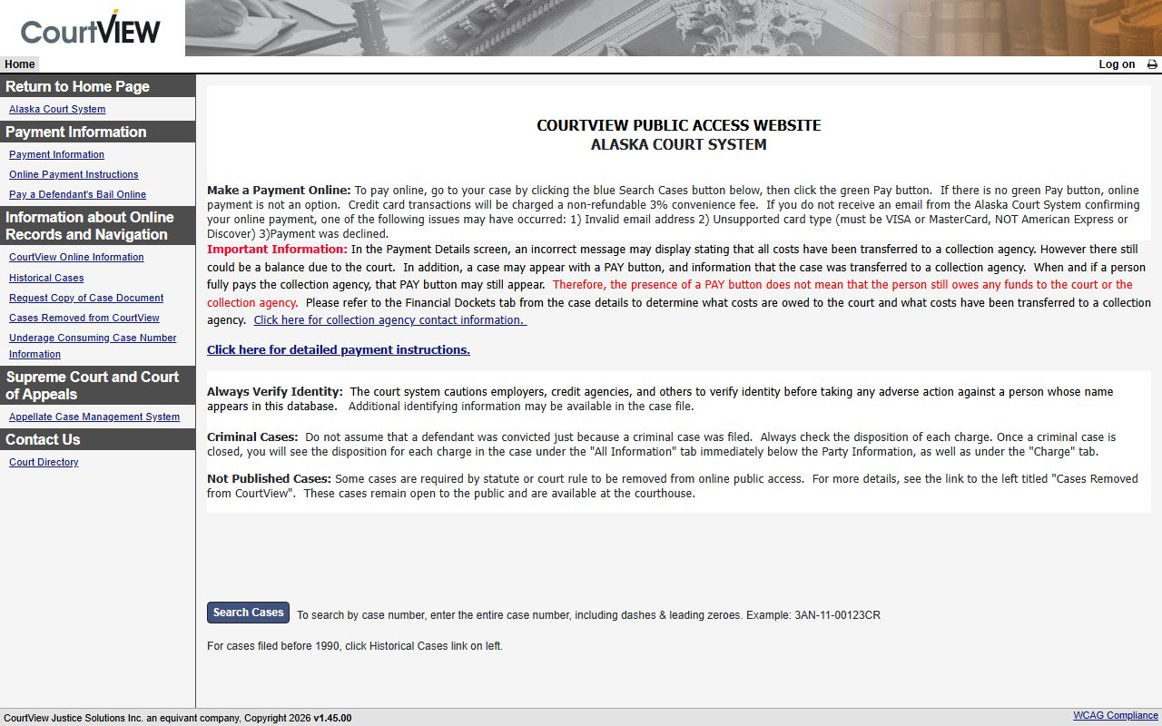 Alaska CourtView online case search portal for jail mugshots